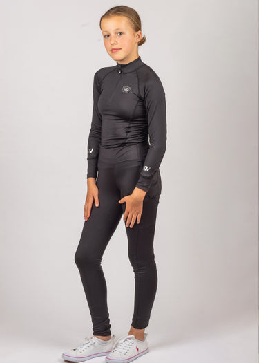 Person wearing a black athletic outfit with a logo on a white background