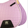 Pink quilted saddle pad with Woof Wear logo on a white background